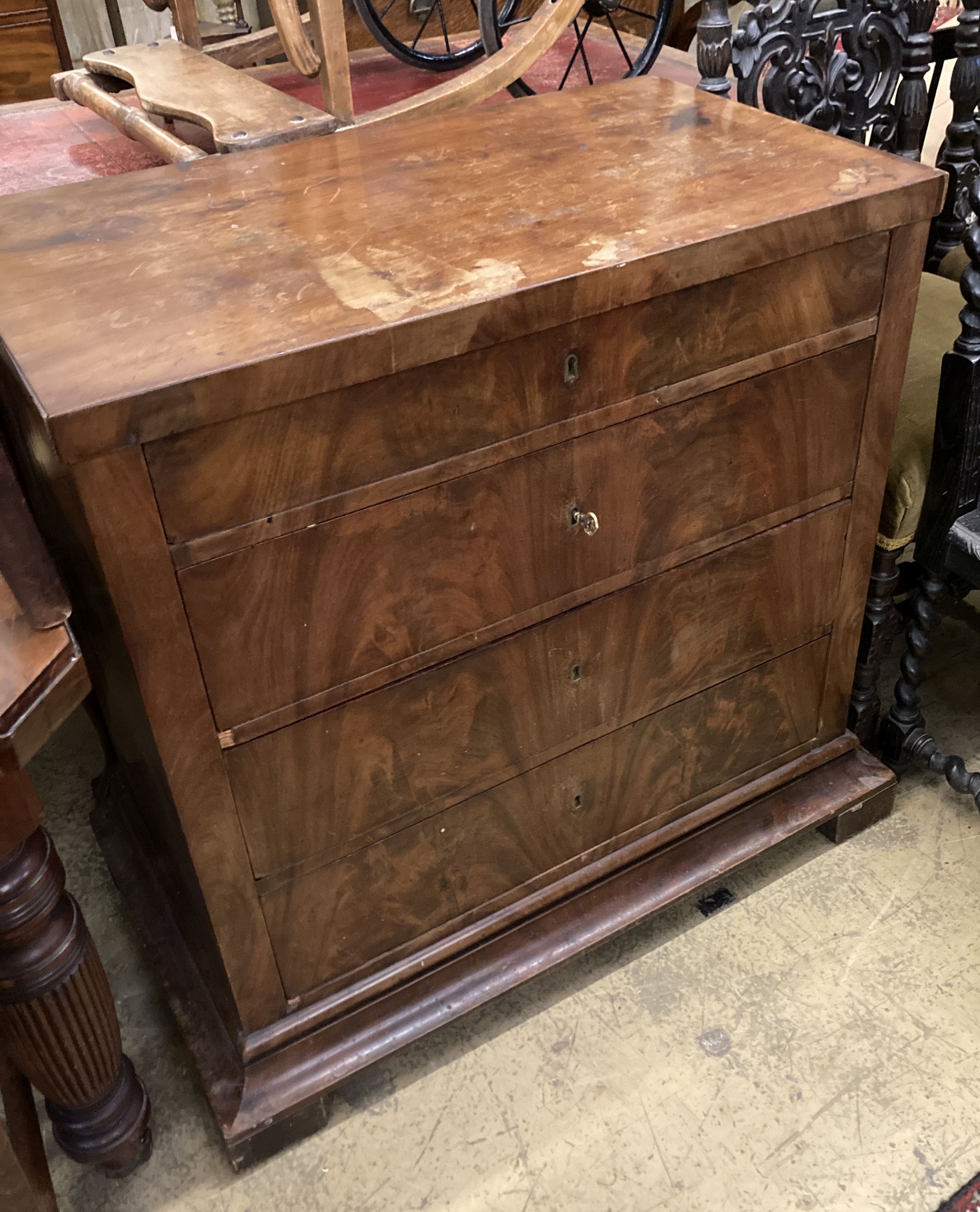 A late 19th century French mahogany commode, width 82cm, depth 47cm, height 85cm